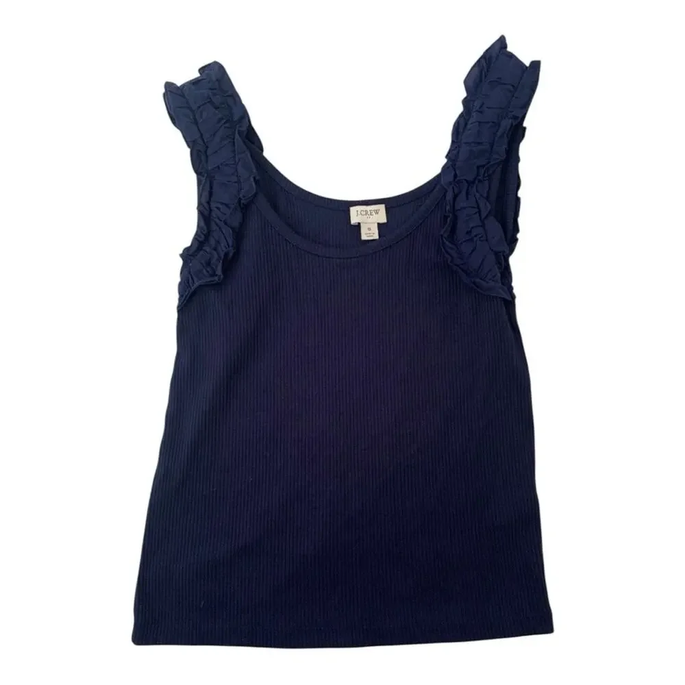J.Crew size small navy Blue Ribbed tank ruffle Shirt preppy lilly cute summer